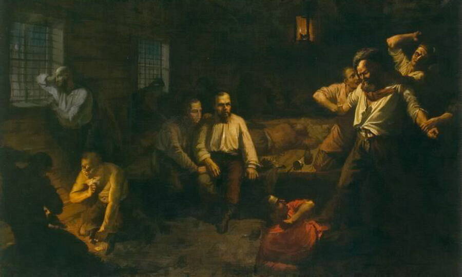 Праздник Рождества в Мёртвом доме. Художник К.П. Померанцев, 1862 год.