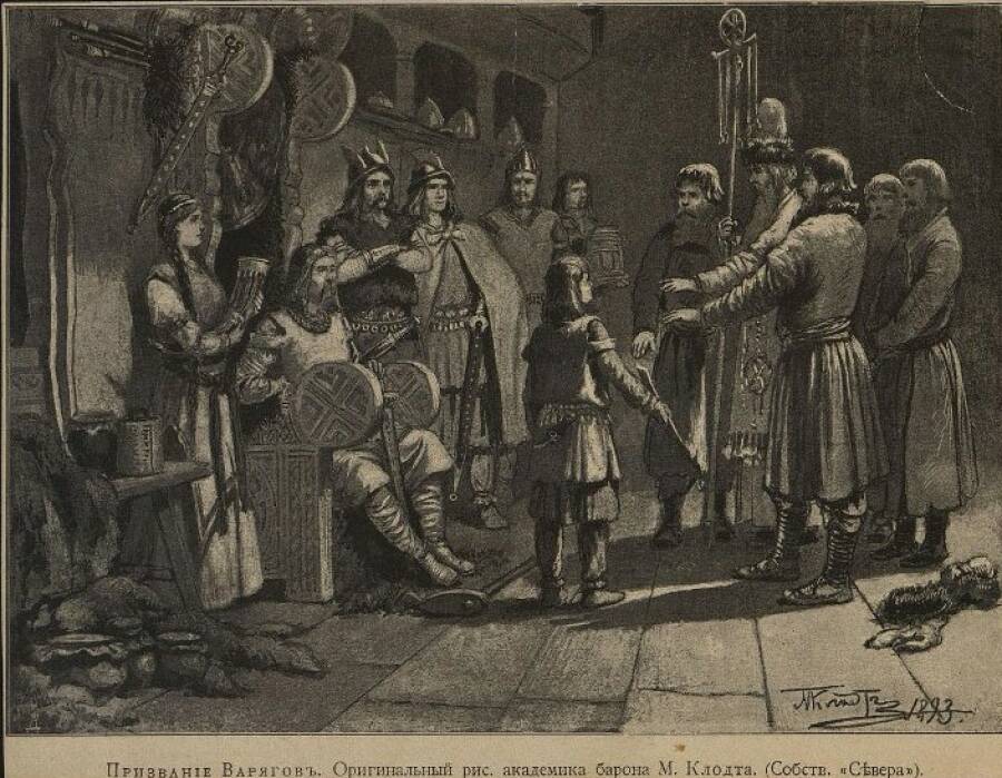 Призвание Варягов. С оригинального рис. академика барона М. Клодта. 1893. Репродукция. М.Клодт. 1893