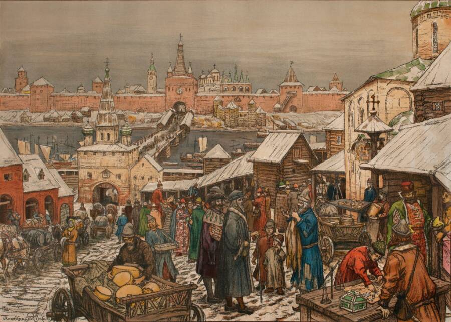 А. М. Васнецов «Новгородский торг XVII века», 1908-1909 гг. Из собрания Третьяковской галереи