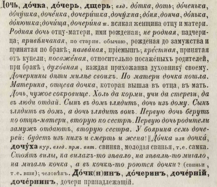 Статья "Дочь" на странице 434 в первом томе 1-го издания (1863—1866) Толкового словаря живого великорусского языка В.И. Даля.