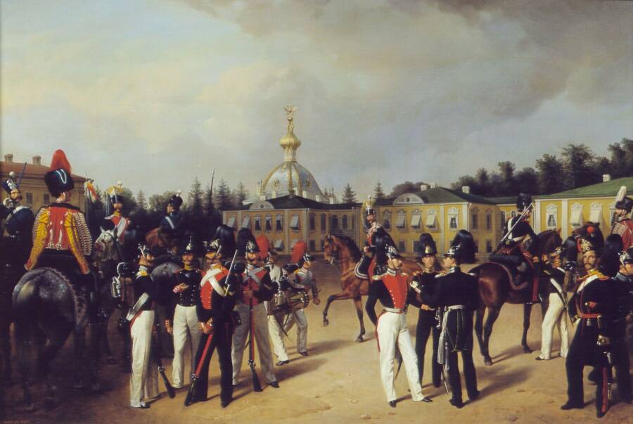 Ф. Крюгер «Солдаты и офицеры гвардейских полков русской армии периода 1840-х гг.», 1853 г. Военно-исторический музей артиллерии, инженерных войск и войск связи, Санкт-Петербург.