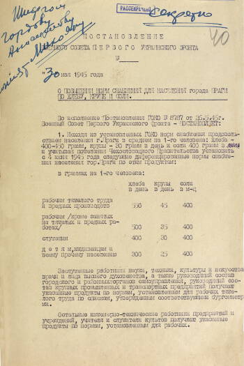 Постановление Военного Совета 1-го Украинского фронта от 30 мая 1945 года о повышении нормального снабжения для населения города Праги