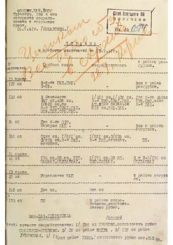 Справка о прибытии соединений 19-й, 16-й и 13-й армий на 13 июля 1941 г.