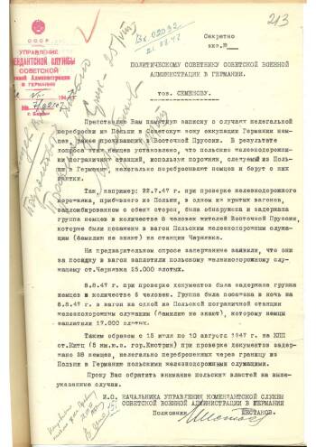 Письмо и.о. начальника УКС СВАГ С.М.Шестакова политсоветнику СВАГ В.С.Семенову 29 августа 1947 г.