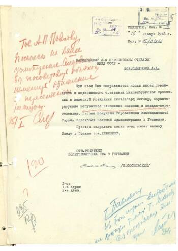 Переводы писем, полученных УКС СВАГ и сопроводительное письмо ответственного референта политсоветника СВАГ С.Г.Сосновского заведующему 3-м Европейским отделом ЖИД СССР А.А.Смирнову 16 января 1946 г.